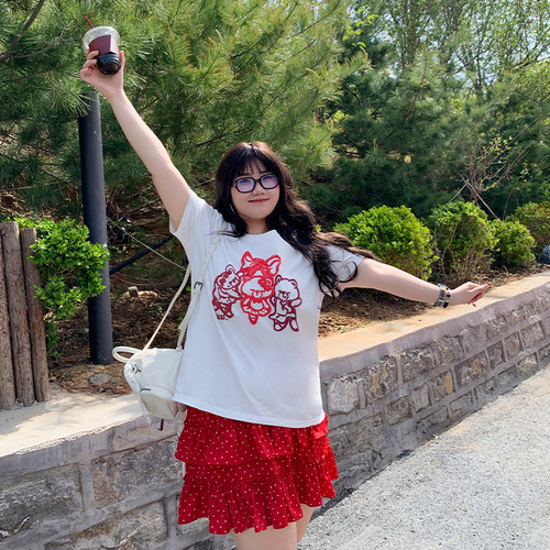 YUZI鱼子韩系圆领小熊短袖大码女装夏微胖mm显瘦遮肉200斤俏皮 - 图1