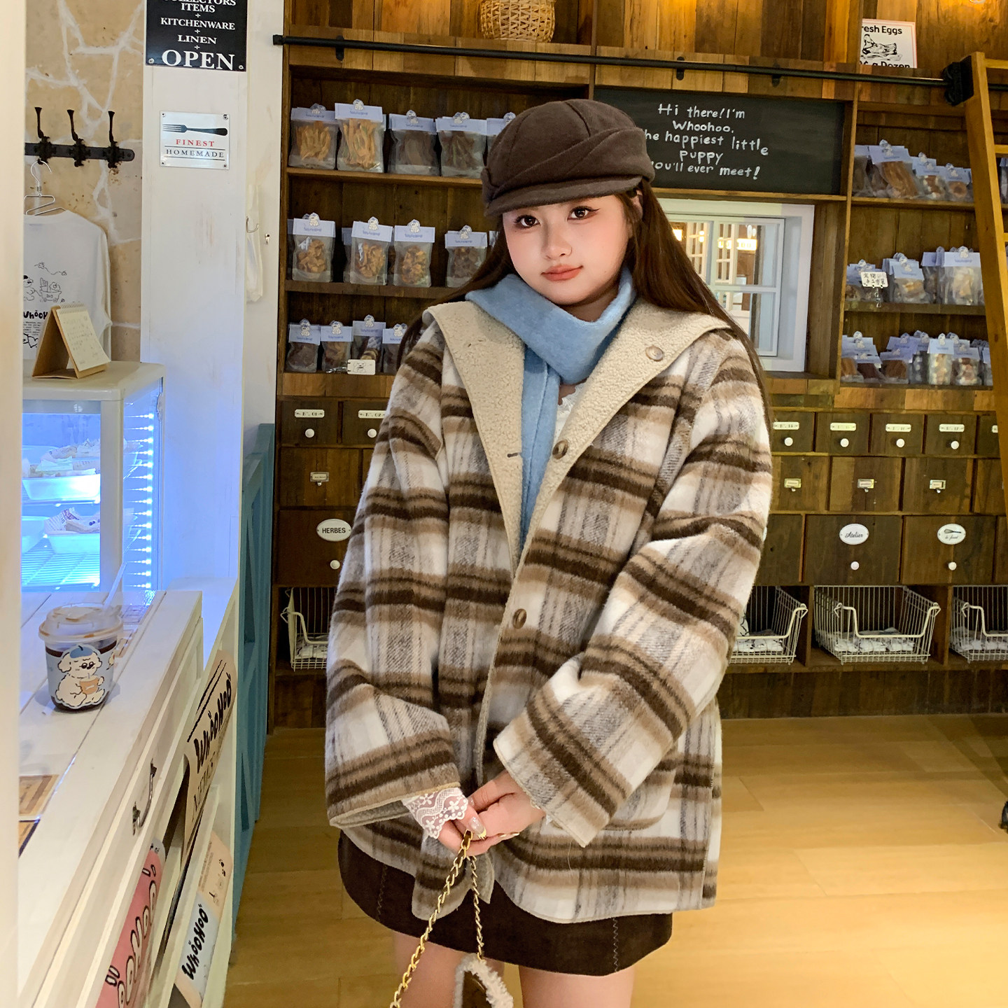 YUZI鱼子撞色格子连帽两面穿羊羔毛大衣秋冬宽松韩系外套大码女装,淘宝优惠券,粉丝福利购,淘宝优惠卷