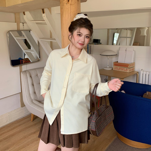 YUZI鱼子极简显瘦衬衫特大码女装宽松纯欲百搭气质减龄纯色胖mm - 图1