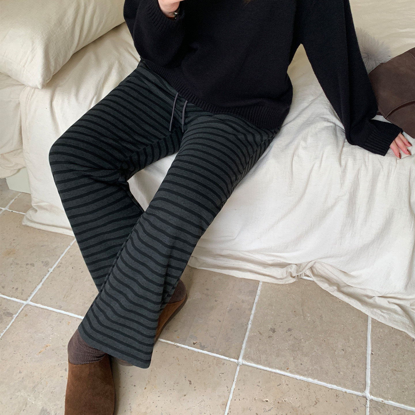 YUZI鱼子加绒加厚阔腿裤条纹抽绳超显瘦垂坠感深灰色大码女装秋冬,淘宝优惠券,粉丝福利购,淘宝优惠卷