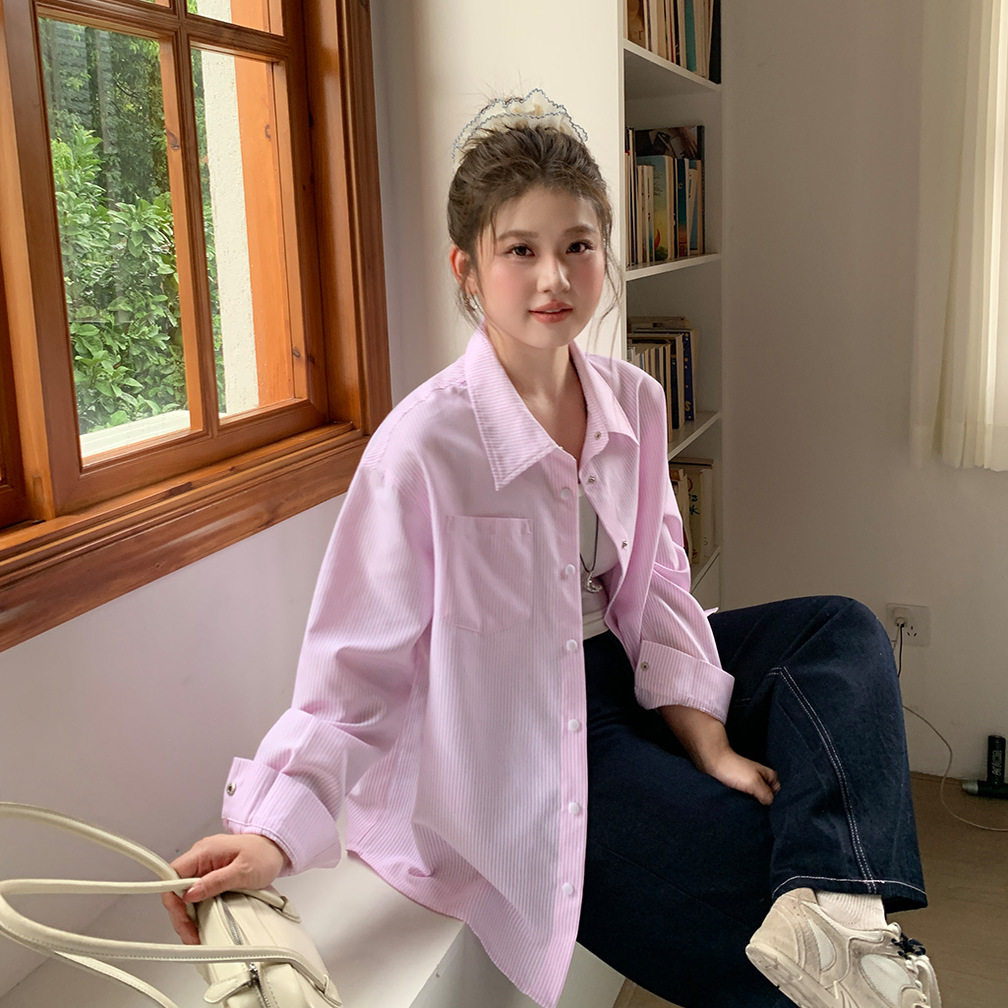 YUZI鱼子粉白条纹衬衫外套特大码女装胖mm秋冬宽松显瘦减龄上衣,淘宝优惠券,粉丝福利购,淘宝优惠卷