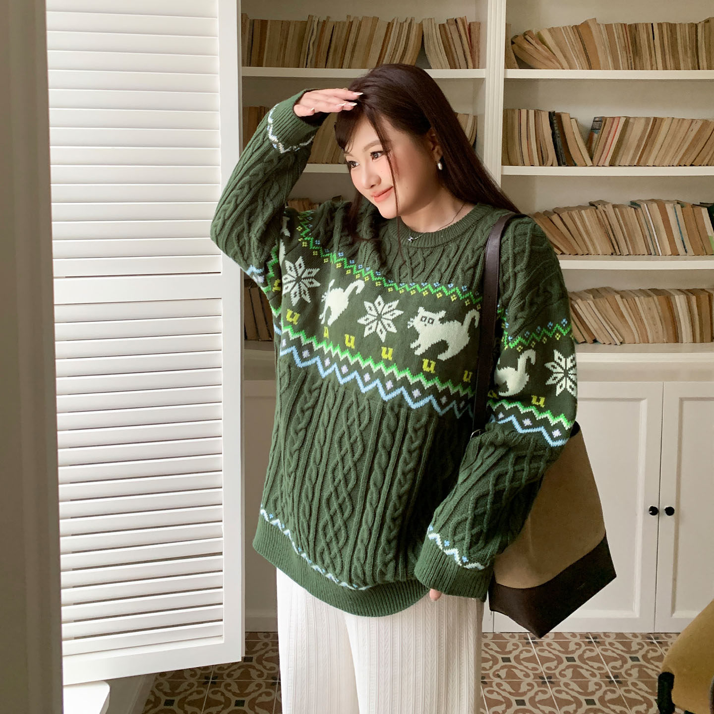 YUZI鱼子复古橄榄绿费尔岛针织毛衣慵懒氛围感宽松针织衫大码女装,淘宝优惠券,粉丝福利购,淘宝优惠卷