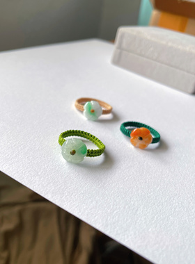 天然a货翡翠玉石小梅花编织戒指裸石手工diy线指环闺蜜女手绳戒指