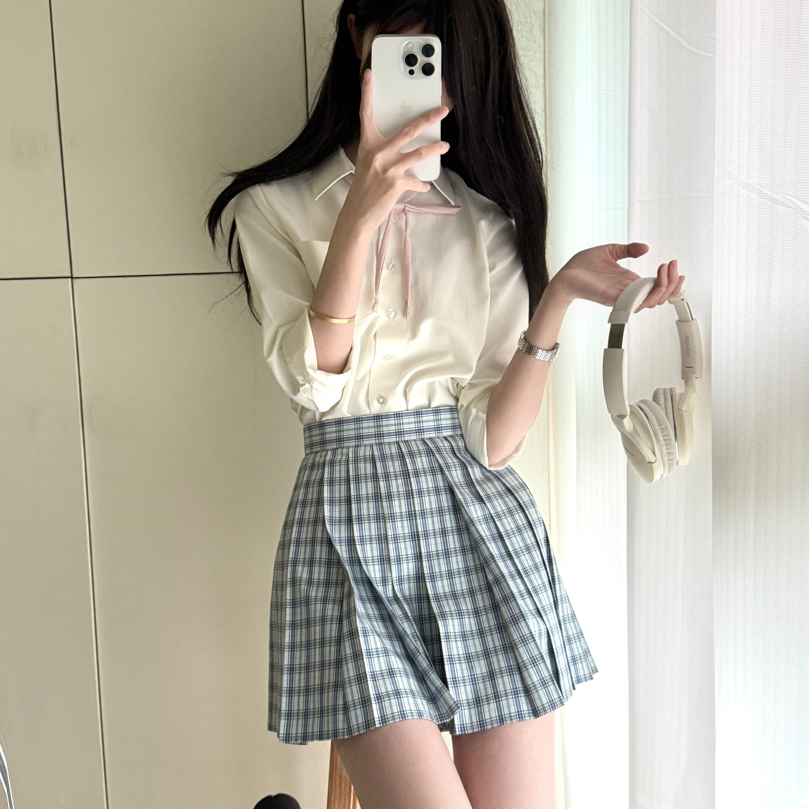 一封信衬衫奶白色条纹暗纹 基础款宽松长袖校供感JK制服衬衫