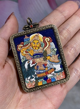 画布藏地手绘唐卡吊坠财宝天王