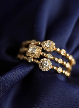 复古圆钻方钻水滴叠戴戒指