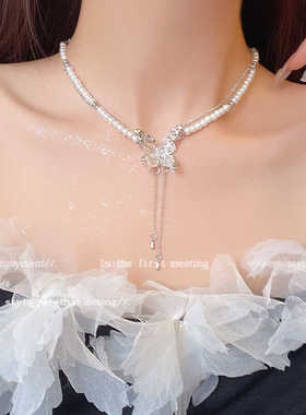 超仙气白色优雅刺绣蝴蝶珍珠项链