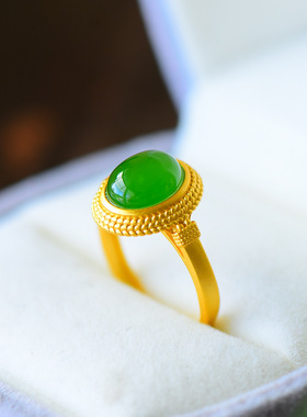 古法鎏金复古风戒指色泽淡雅简约时尚s925银镶嵌和田碧玉戒指
