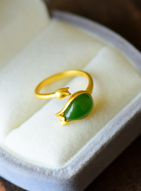 S925银镶和田玉清新玉兰花女戒指