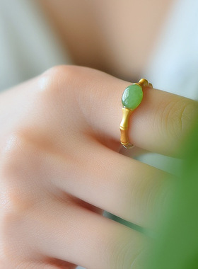 新款银镶和田碧玉戒指女优雅竹节