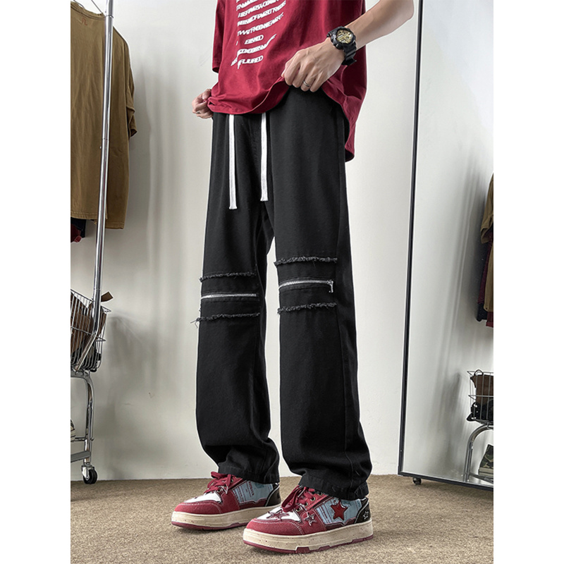 美式水洗破洞抽绳牛仔裤男款潮流ins高街膝盖拉链扎染直筒九分裤 - 图1