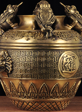 特大黄铜聚宝盆金蟾摆件招财铜缸