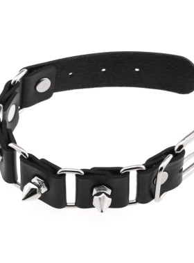 欧美尖钉铆钉手链朋克原宿创意PU皮革拼接连接手环手带连环扣手镯