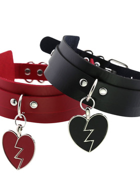 原宿摇滚闪电桃心吊坠项圈颈圈 心碎爱心双层皮质项链颈带锁骨链