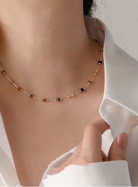 跨境小众设计彩珠串欧美项链女锁骨链不掉色新款钛钢网红冷淡饰品