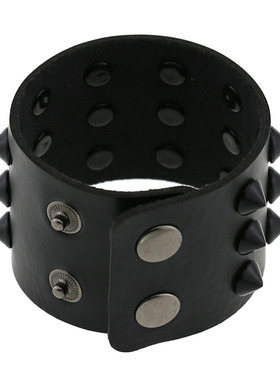 欧美朋克非主流夸张黑色锥形尖钉铆钉三排皮质宽手镯手环护腕