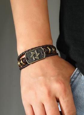 跨境货源欧美男士牛皮编织手链 个性朋克风串珠对扣手环 服饰