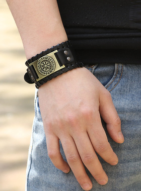 跨境爆款欧美热销海盗复古手链指南针男士宽手镯皮手链厂家批发