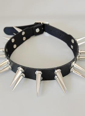 暗黑哥特朋克双层尖铆钉项圈PU皮双排铆钉尖钉choker项链锁骨链