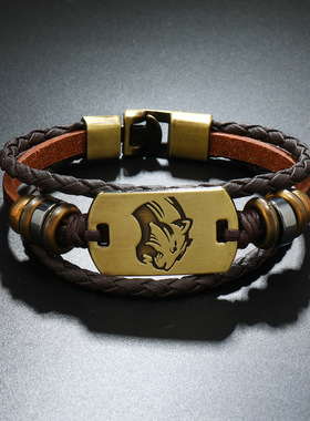 欧美跨境男士皮革手环朋克风合金豹子头手链配饰串珠对扣手镯