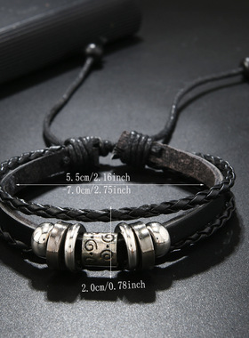 欧美时尚简约牛皮串珠手链个性男士皮革抽拉手绳服饰百搭首饰