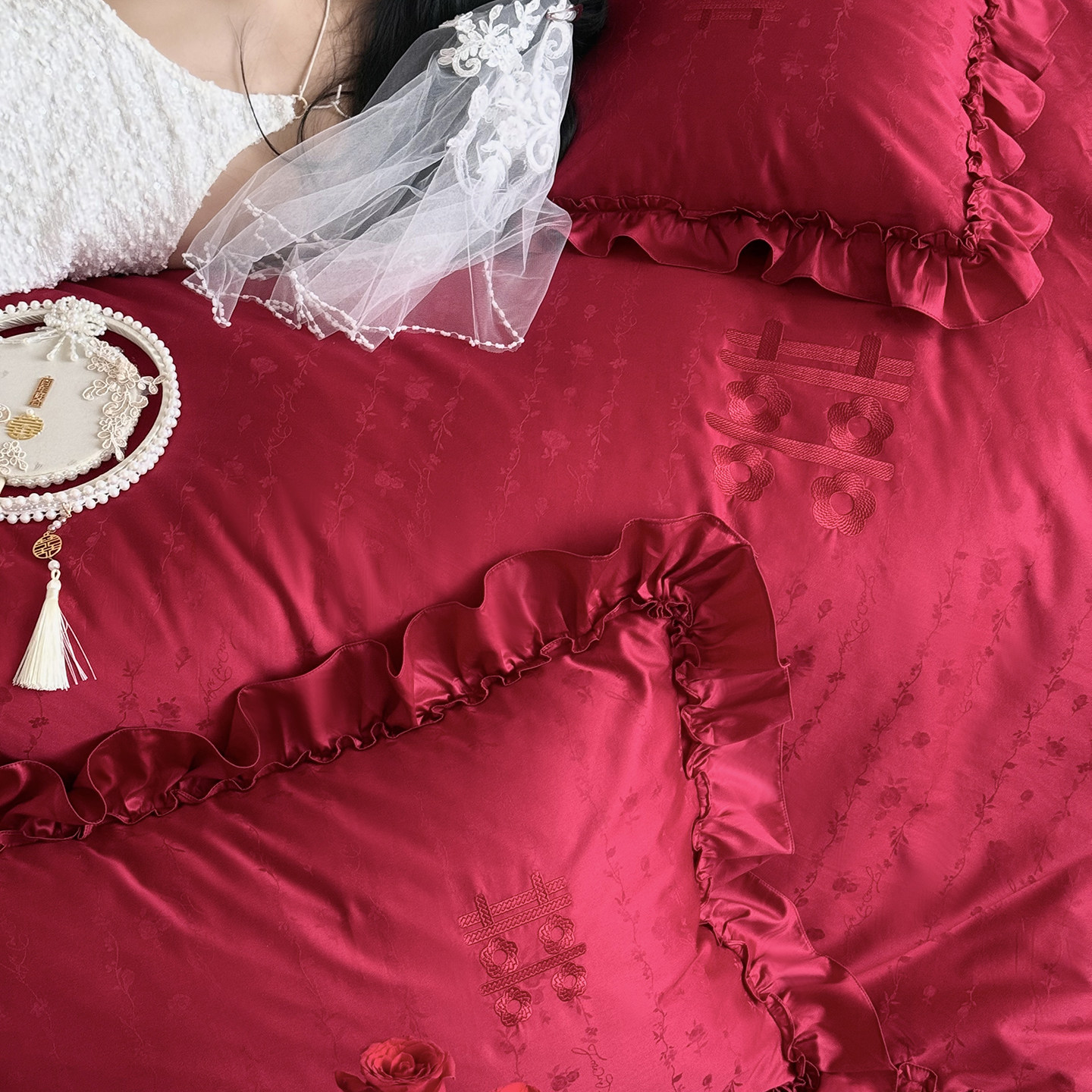 浪漫法式婚庆四件套100S纯棉红色花边被套结婚用喜被送礼床单床品,淘宝优惠券,粉丝福利购,淘宝优惠卷