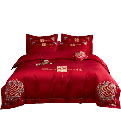 新中式大红色婚庆四件套100S长绒棉被套纯棉床单结婚喜被床上用品-图3