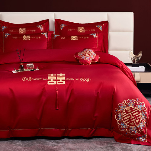 新中式大红色婚庆四件套100S长绒棉被套纯棉床单结婚喜被床上用品-图0