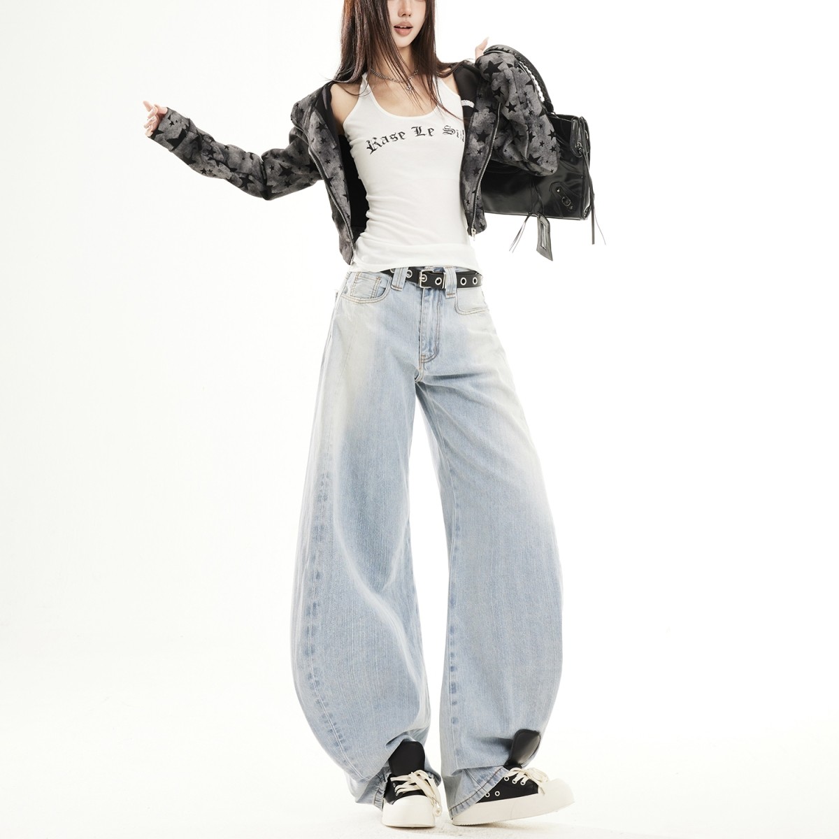 欧美中性弯刀牛仔裤男女春秋新款宽松显瘦韩版潮酷百搭阔腿裤长裤,淘宝优惠券,粉丝福利购,淘宝优惠卷
