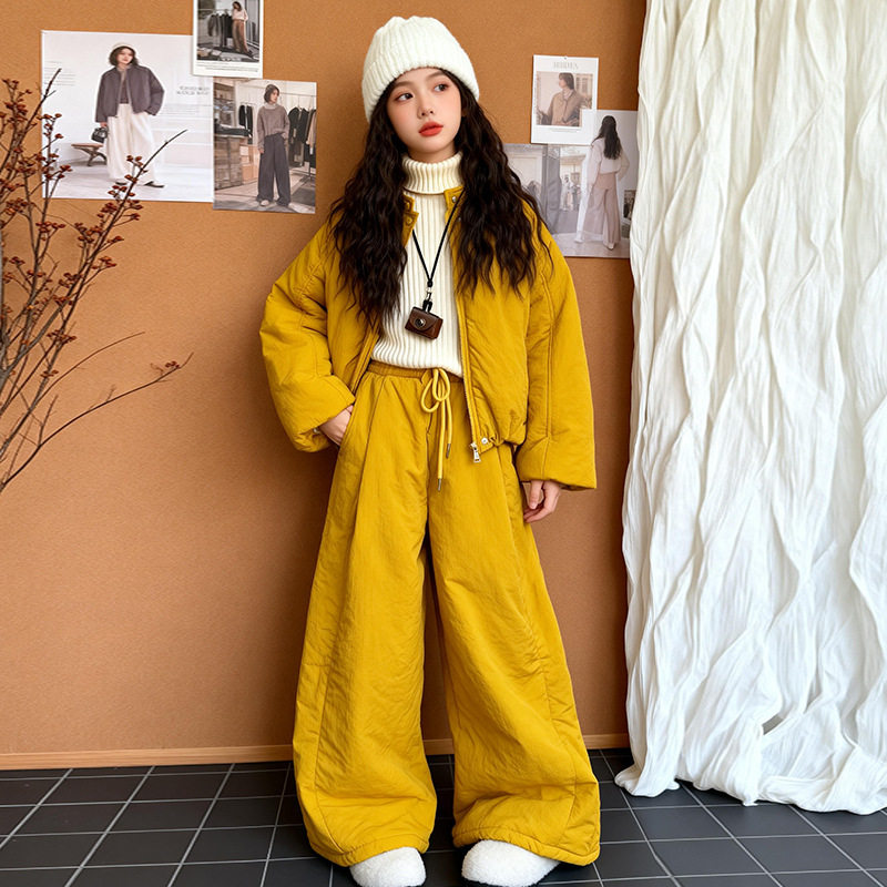 女童冬季加厚棉服套装韩版时尚立领棉衣外套宽松阔腿裤保暖两件套,淘宝优惠券,粉丝福利购,淘宝优惠卷