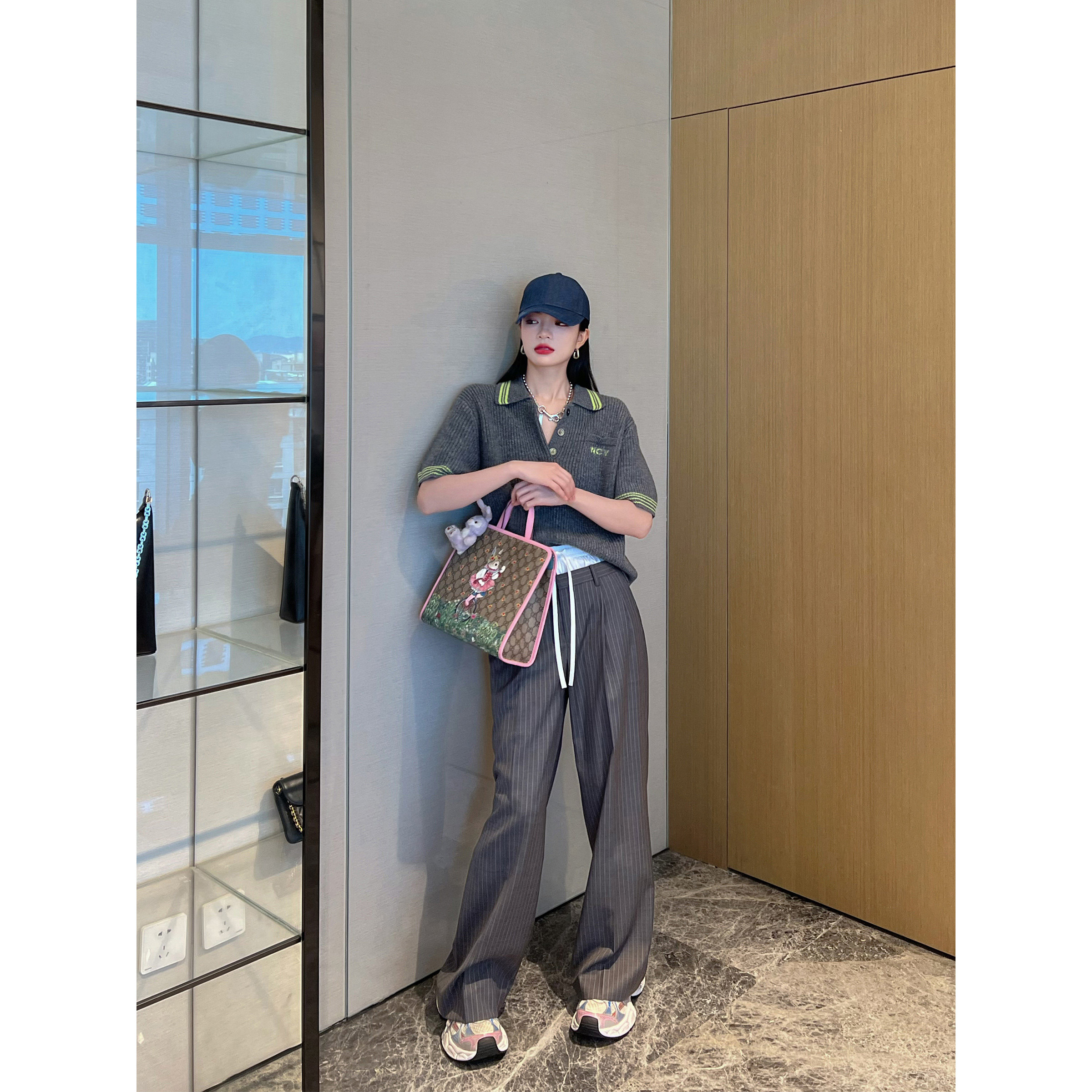 NancyCavally专柜款抗皱精纺羊毛 双腰头拼接H型量感条纹阔腿裤