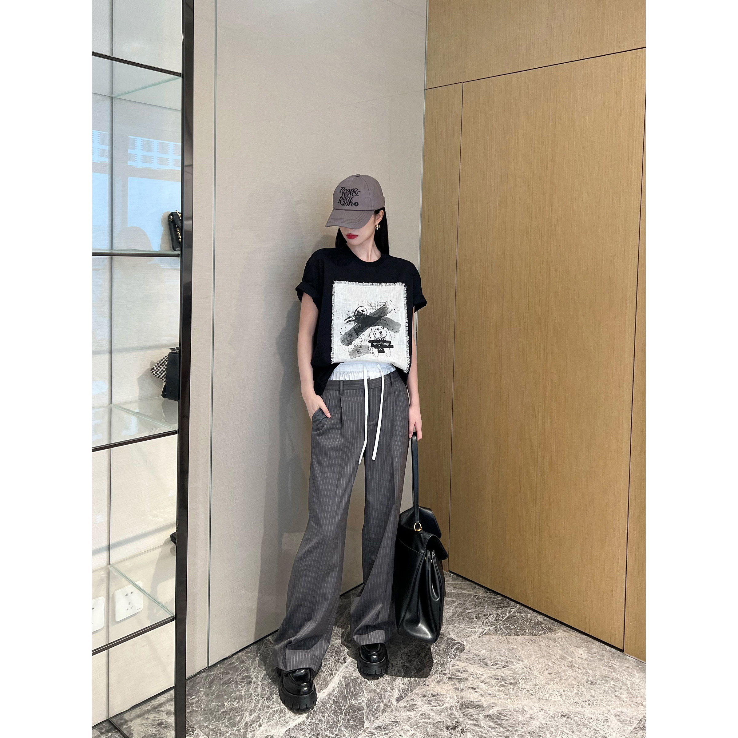 NancyCavally专柜款抗皱精纺羊毛 双腰头拼接H型量感条纹阔腿裤