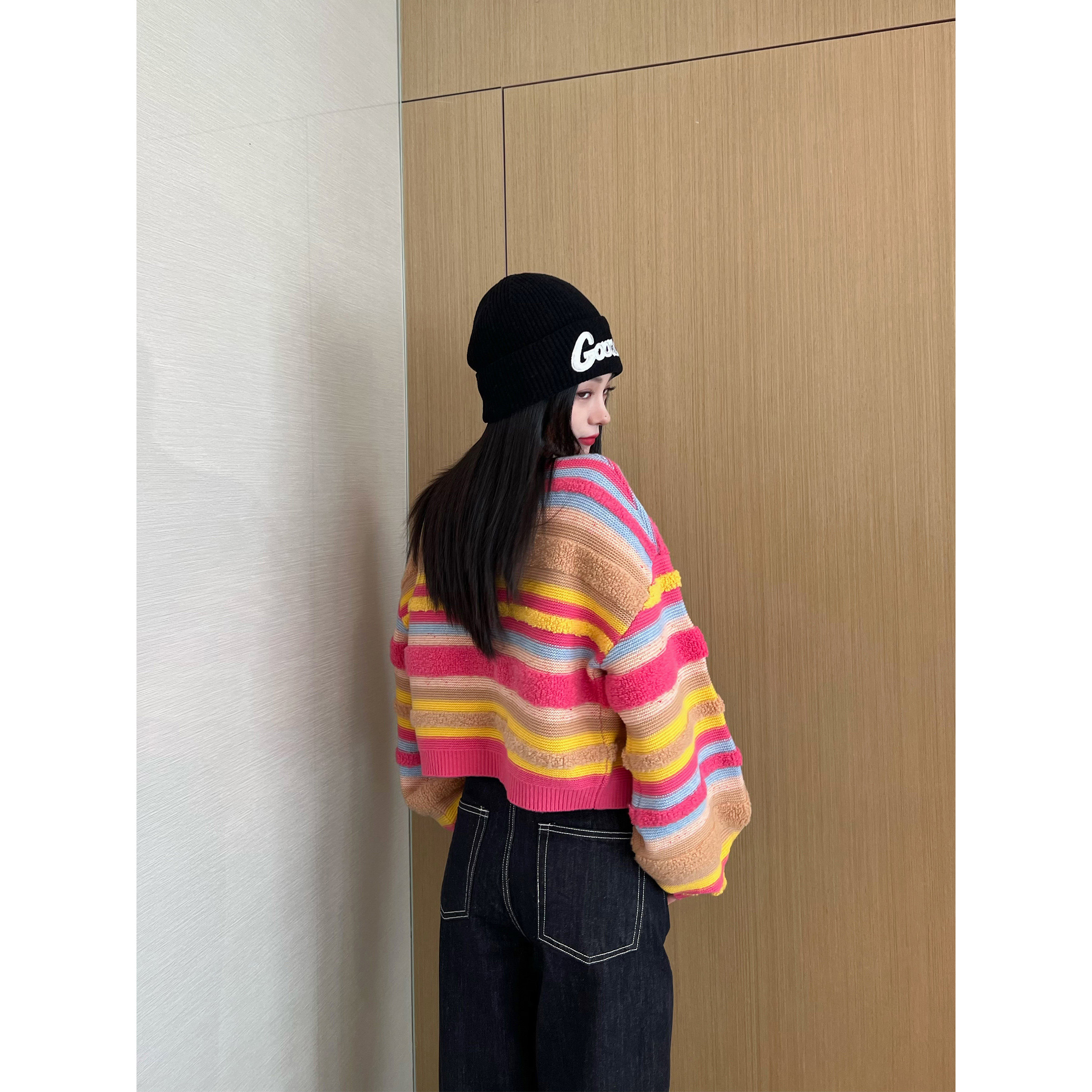 NancyCavally糖心奶栗 R标100纯羊毛 彩虹条纹蝴蝶结系带针织毛衣