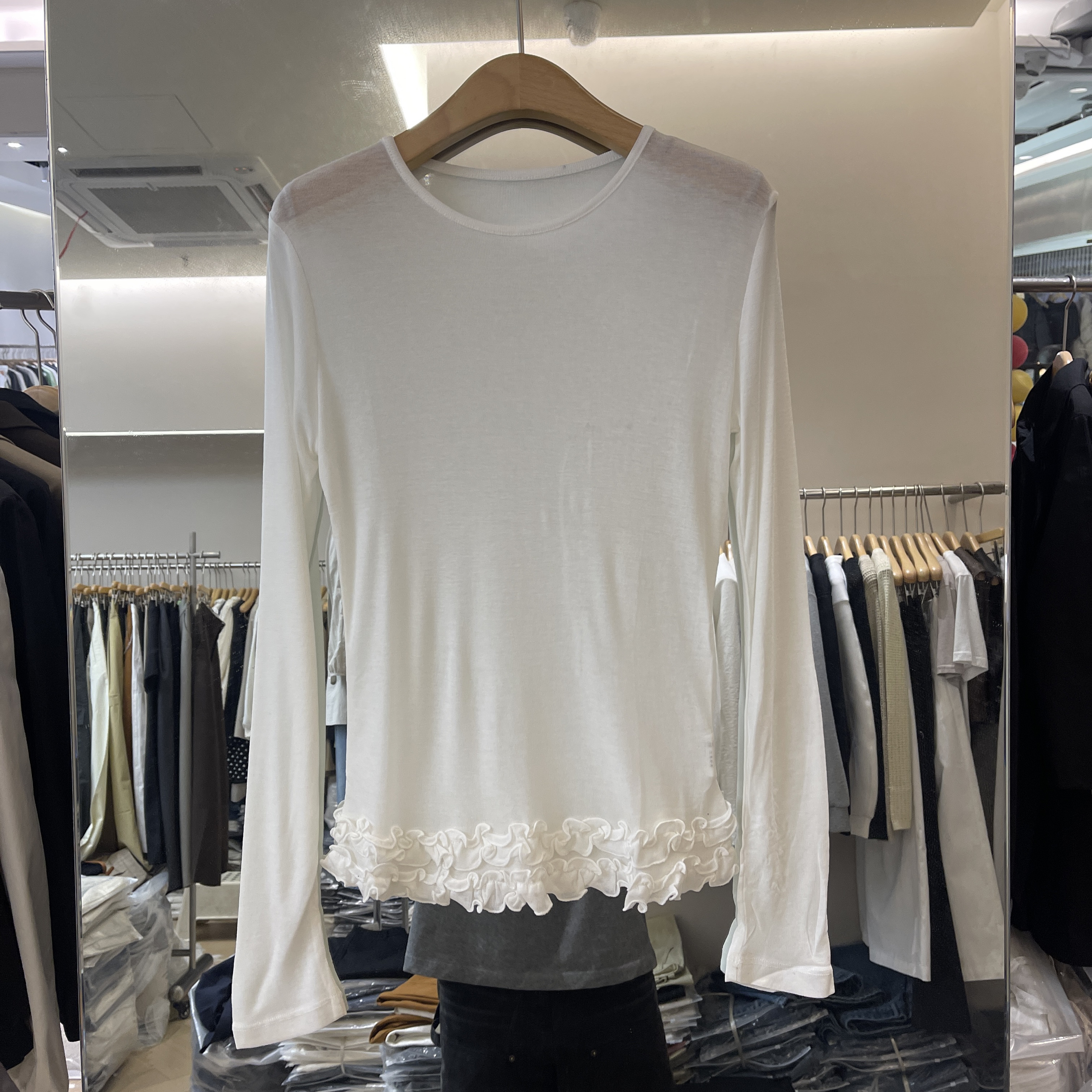 卡蔓诗Kms31027正品韩系下摆木耳边圆领天丝羊毛长袖T恤打底衫女 - 图0