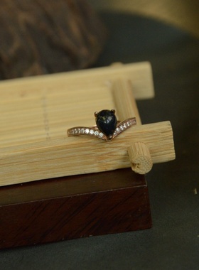 S925纯银镶嵌天然蓝珀戒指纯手工