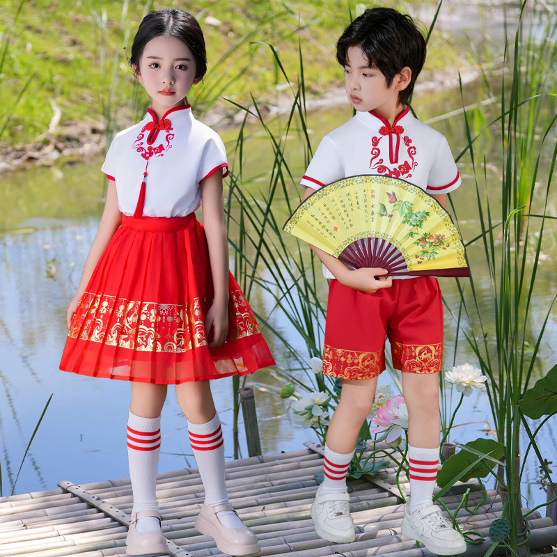 六一儿童演出服小学生班服汉服中国风表演服装校服夏季幼儿园园服-图1