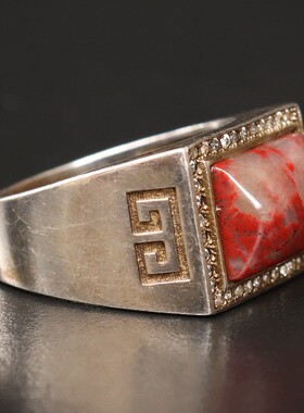 19内径13*13*8mm8g戒指精雕仿古扳指桂林鸡血玉石贵妃料白底红