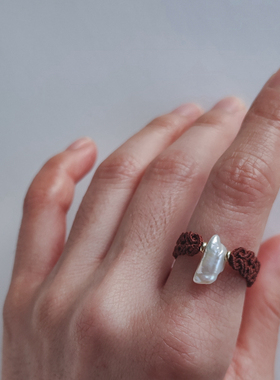 女天然珍珠原创设计传统绳编指环