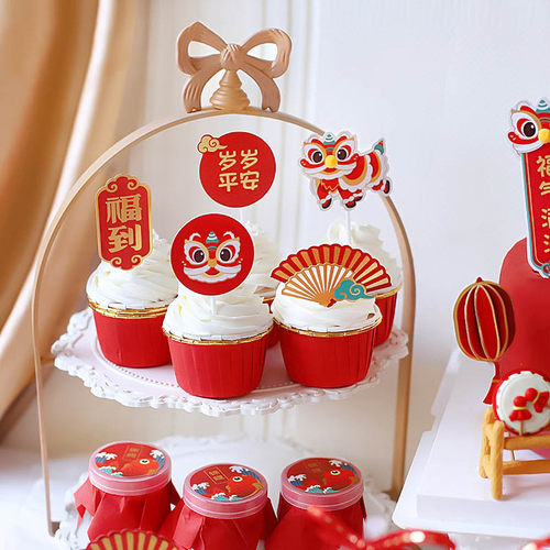 中式国潮风舞狮蛋糕装饰宝宝抓周生日满月周岁舞狮派对甜品台装扮 - 图2