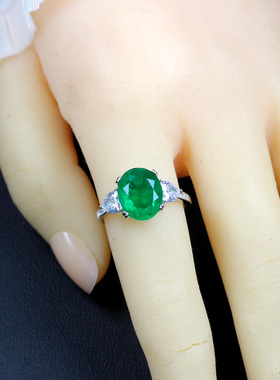 带棉纹路祖母绿宝石戒指女碧玺指环个性高级感925纯银镀18K金活口