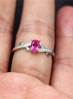 蛋形纯银小水滴甜美风红碧玺戒指