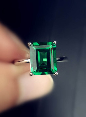 戒指祖母绿925纯银学生白领长方