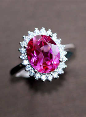 椭圆形玫红碧玺戒指纯银镀18K