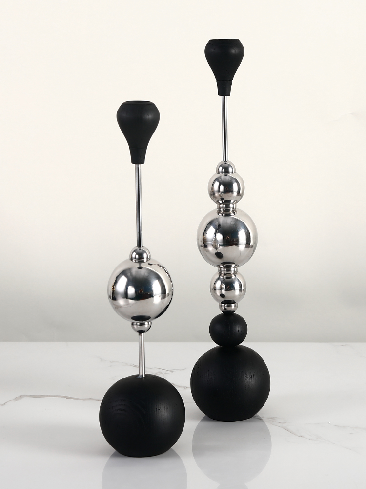 烛台摆件木质圆球现代创意样板客厅餐桌轻奢银色金属不锈钢蜡烛台 - 图0