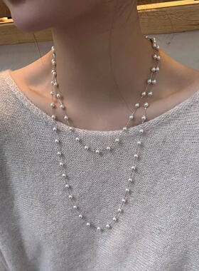 新品人造珍珠双层叠戴项链跨境精致时尚锁骨链法式气质轻奢毛衣链