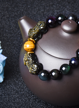 天然金曜石银曜石双貔貅心经手链