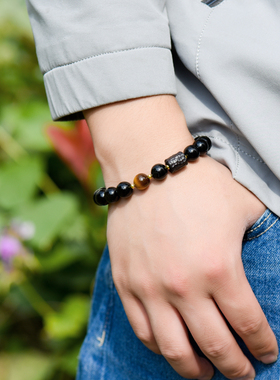 跨境欧美风黑檀木配黑曜石单圈手链黑玛瑙男女情侣水晶手串饰品