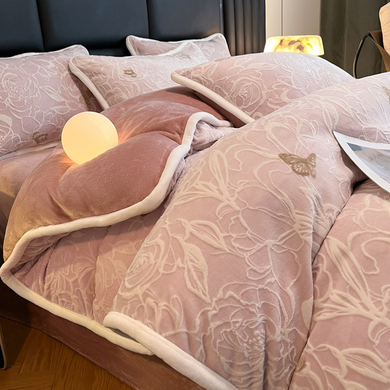 2025新款雕花牛奶绒四件套加厚冬季高级感双面珊瑚绒被套床单笠式,淘宝优惠券,粉丝福利购,淘宝优惠卷