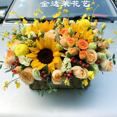天津鲜花情人节同城速递送长辈女友玫瑰康乃馨向日葵精品手提花篮 - 图0