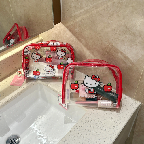 三丽鸥正版HelloKitty防水洗漱包红色大容量可爱透明收纳化妆包 - 图0